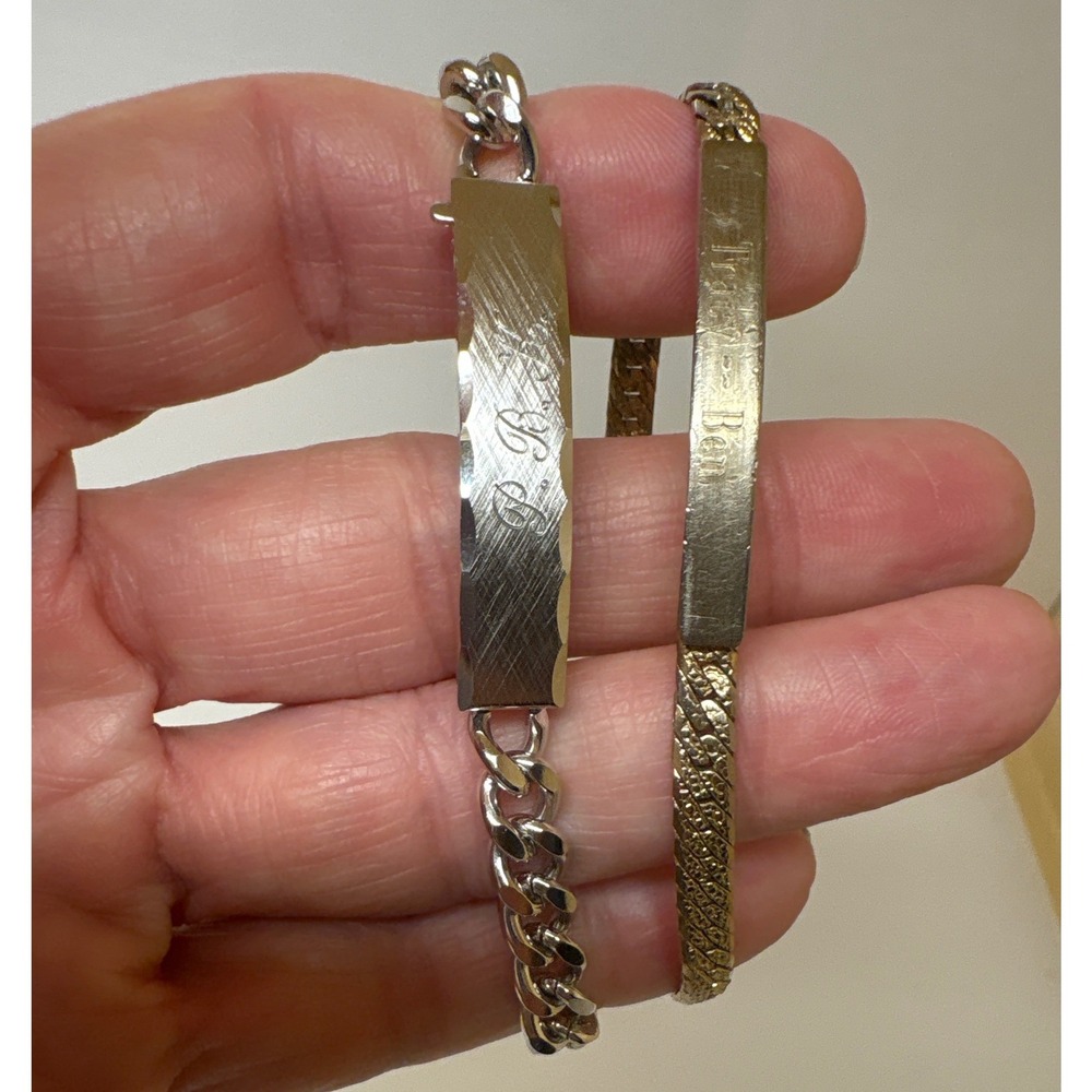 Vintage Engraved ID Bracelet Set Silver Tone Curb Gold Tone Herringbone
